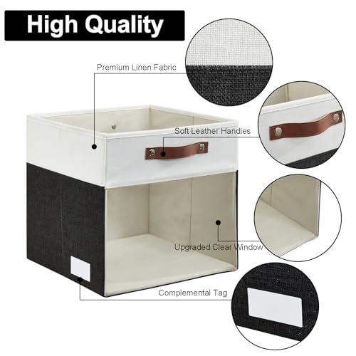 Bagnizer Storage Cubes, 4 Pack Linen Foldable Storage Bins (13 x 13 inch) with Clear Window and Handles, Fabric Organizer for Shelf Closet, Clothes, Books - (Black and White) - color: Black / Off-White, size: 13 x 13 x 13