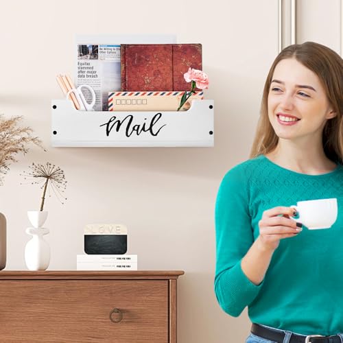 White Wooden Mail Organizer Countertop - Mail Organizer Wall Mounted, Office Mail Holder, Desktop Mail Basket for Counter, Letter Holder Box for Home Office Decor (White + Black, 3.15") - color: White & Black-2