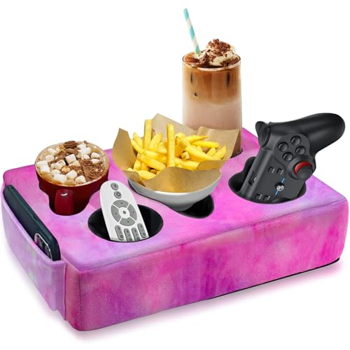 Couch Cup Holder Pillow, 5 Hole Couch Drink Holder! Keep Drinks Hand Side and Keep Temp, Prevent Spills and Use Anywhere. Cup Holder for Couch, Bed, Camping, RV, Car, Beach. Rose Purple - color: Rose Purple
