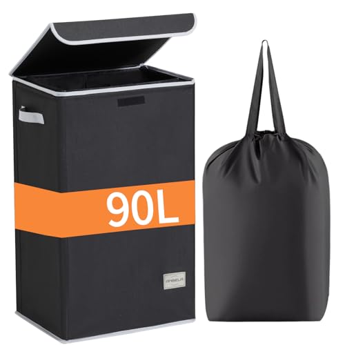Laundry Hamper with Lid, 90L Collapsible Clothes Basket, Strong Struture, Dirty clothes Hamper, Removable Laundry Bag with String Closure, for Bedroom, Bathroom, Dorm, College, Toys, Black - size: 90L