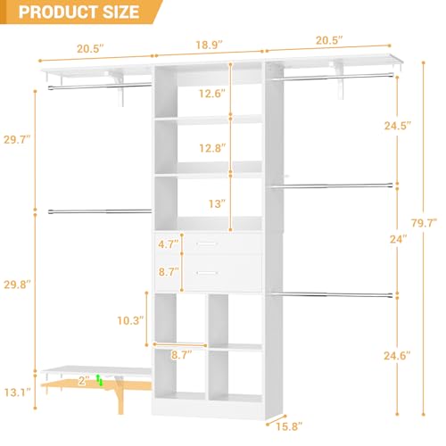 5FT Small Closet System, Baby Closet Organizer System with Wooden Drawers, 60 Inches Walk In Closet System With 5 Hanging Rods and 3 Reversible Hanging Shelving, White - color: White, size: 5 FT