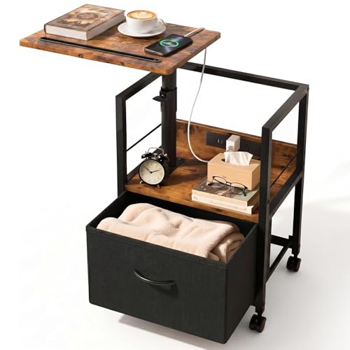 Faesun Swivel Lift Top Nightstand with Charging Station, Rolling Side Table for Recliner, Bedside Table with Wheels & a Fabric Drawer, for Small Spaces, for Bedroom, Living Room, Brown Black - color: Brown Black, size: 1 Drawer