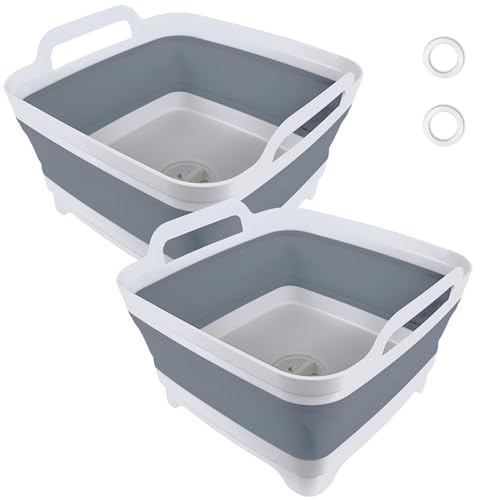 GIMWA Collapsible Wash Basin with Drain Plug - 2.4 Gallon Foldable Kitchen Sink for Baby Bottles, RV Camping, Space-Saving Dish Tub (Gray-Gray) - color: Gray-gray