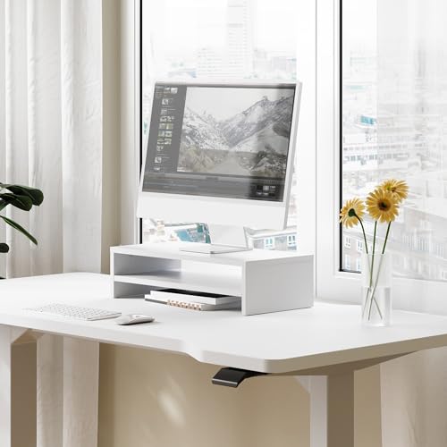 FITUEYES Monitor Stand - 2 Tier Computer Monitor Riser with 21.3 Inch Shelf, Wood Desktop Stand for Laptop Computer Screen, Desk Organization, Office Supplies - color: White, size: 21.3“