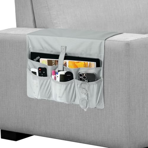 WOMACO Sofa Armrest Remote Magazine Holder, Non-Slip Armchair Recliner Caddy, Couch Arms TV Remote Control Organizer for Tablet, Phone, iPad, Laptop (Light Gray, 16" x 35") - color: Light Gray, size: 16" x 35"