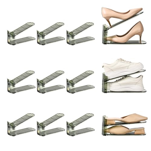 12 Pack Shoe Slots Organizer Adjustable Level Shoe Stacker Holder Storage Space Saving Sneakers Display Tray Rack for Closet (Green Transparent, 12Pack) - color: Green Transparent, size: 12Pack