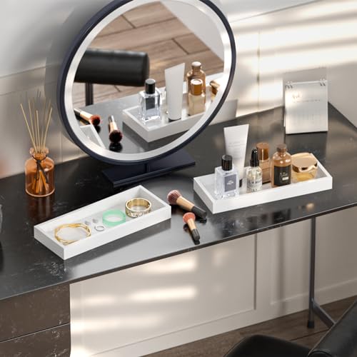 ZHWS Bathroom Vanity Tray for Countertop Decor Perfume Jewelry Toiletries, Toilet Tank Tray for Candle Bamboo Kitchen Tray for Soap Dispenser Spice Coffee Set of 2 11.3’’L x 4.4’’W x 1.14’’H - color: White, size: 2 Pack 11.3 x 4.4 x 1.14 inch