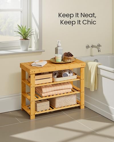 SONGMICS Shoe Rack Bench, 4 Tier Bamboo Shoe Storage Organizer, Entryway Bench, for Living Room, Bathroom, Bedroom, 11.3 x 27.6 x 20.5 Inches, Light Bamboo ULBS370YL01 - color: Light Bamboo, size: 11.3"D x 27.6"W x 20.5"H
