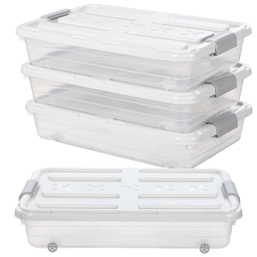 Beeveer 4 Pcs Plastic Under Bed Storage Containers with Lid Wheel Handle, Transparent Large Capacity Stackable Latching Storage Bins for Closet Bedroom Clothes Shoes Blanket(23.7 x 15.8 x 5.2,White) - color: White