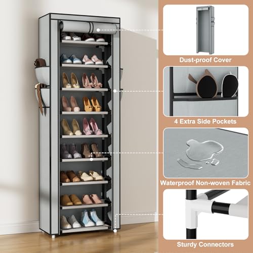 VILICK Shoe Rack with Cover Narrow Shoe Rack Organizer with 4 Side Pockets 10 Tier Tall Shoe Storage Shoe Shelf Holds 18-22 Pairs Shoes and Boots Shoe Rack for Closet, Grey - color: Grey, size: 10 Tiers-17.7" Wide