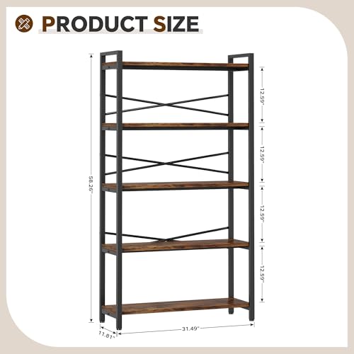 5 Tier Bookshelf 31.49" Width, Tall Book Shelf Storage and Organization, Wooden and Metal Industrial Bookcase, Large Book Shelves for Home Living Room Bedroom Office Storage(Vintage) - color: Vintage, size: 5 Tier - 31.5" W