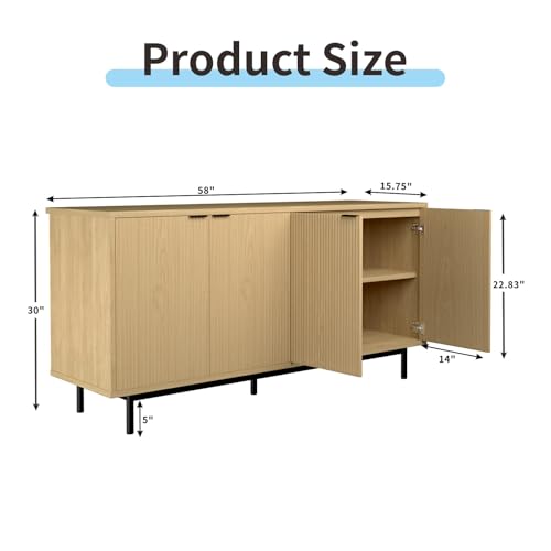 MUUEGM Buffet Cabinet with Storage, 58" Fluted Sideboard Kitchen Storage Cabinets with Shelves and 4 Doors, Modern Wood buffets & Sideboards for Dinging Room, Living Room, Natural Storage Cabinet - color: Natural