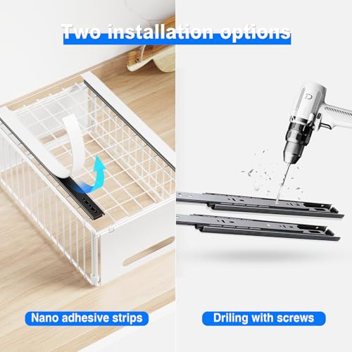 Mustorn 2 Pack Pull Out Cabinet Organizer, Slide Out Drawers for Cabinets, Peel and Stick, Heavy Duty Shelves for Kitchen, Cupboard, Pantry, Bathroom (14.76" D*9.65" W*7.87" H-White) - color: White, size: 14.76"D*9.65"W*7.48"H