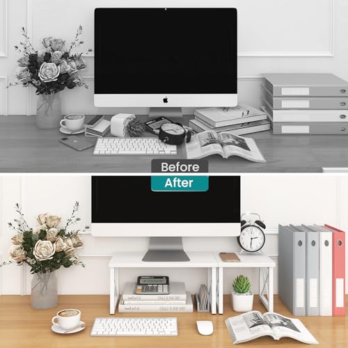 ELITEROO Wood Desktop Shelf, Freestanding Small Bookshelf Dorm Supplies Organizers, 2 Tier Independent Stackable Desk Stand, Adjustable Storage Organizer, Kitchen Counter Display Rack, White - color: White