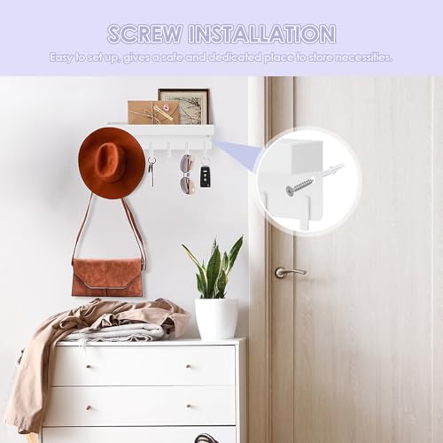 VIS'V Key Holder Wall Mount, Compact Adhesive Key Rack with Tray, 6 Hooks, 2 Mount Options, White - color: White