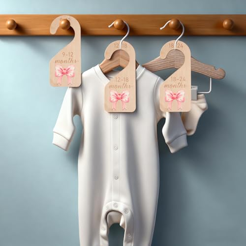 7PCS Wooden Baby Closet Dividers, Pink Bow Baby Clothes Organizer, Double-Sided Nursery Clothes Size Hanger Organizer from Newborn to 24 Months for Boho Nursery Decor