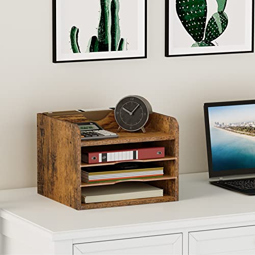 Snughome Vintage Wood File Organizer Desktop, 13.4’’ Document Letter Mail Tray Sorter with 3 Adjustable Shelves, Wooden Desktop Paper File Sorter Holder (Rustic Brown, 13.78’’L x 11.81’’W x 11.02’’H) - size: 13.78’’L x 11.81’’W x 11.02’’H