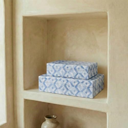 ZICOTO Decorative Storage Boxes with Lids - Set of 2 Beautiful Organizer Bins for Your Bookshelf Home Decor - Safely Store Photos, Documents and Memory Box Keepsakes on Your Shelves in Style - color: Blue