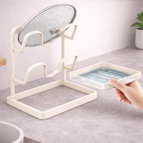 NUOREEL Kitchen Pot Lid Organizer, Extra-Wide Kitchen Pot Lid Storage Rack for Bigger Lids, Heavy-Duty Carbon Steel Frame with Reinforced ABS Base, Fits 30–32cm Lid (White) - color: White