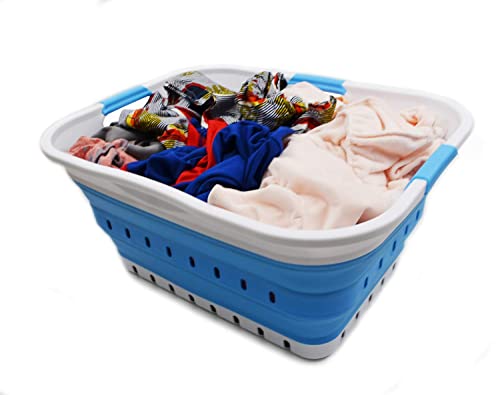 SAMMART 42L (11 gallon) Collapsible Plastic Laundry Basket - Foldable Pop Up Storage Container/Organizer - Space Saving Hamper/Basket (1, White/Marine Blue) - color: White/Marine Blue