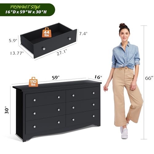 WLIVE Black Wooden Dresser for Bedroom, 6 Drawers Chest of Drawers, 59" Wide Modern Dresser Closet Storage Organizer for Living Room Hallway - color: Black, size: 6 Drawers