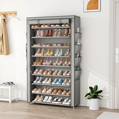 Shoe Rack with Cover, 10 Tier Shoe Organizer Storage for 40-50 Pairs Sneaker and Boots, Large Capacity, with 8 Pockets, Free Standing Tall Shoe Rack for Front Door Entrance, Closet, Grey - color: Grey