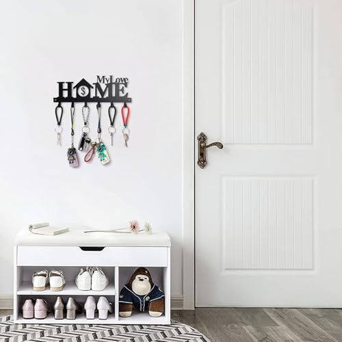 Key Holder Wall Mounted with Screws and Anchors, Black Multifunctional Key Hanger with 6 Hooks, Entryway Front Door Kitchen Hallway Garage Office - color: Home-4 Black