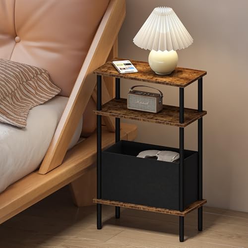 Narrow Side Table with Fabric Basket, End Table for Small Spaces, Slim Nightstand with 3-Tier Storage Shelf, Sofa Beside Table, for Living Room, Bed Room, Rustic Brown - color: Rustic Brown