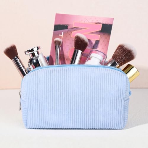 SOIDRAM 2 Pack Corduroy Makeup Bag for Women, Blue Makeup Pouch Small Cosmetic Bag Travel Toiletry Organizer for Skincare, Brushes & Essentials - color: Corduroy Blue, size: 2 Pack