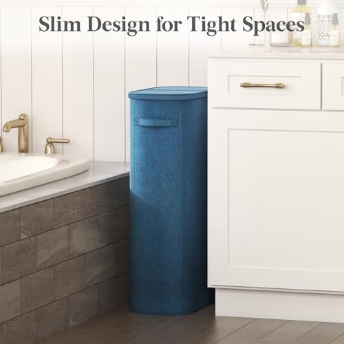 Lifewit Slim Laundry Basket with Lid, Narrow Large Laundry Hamper with Plastic Handles and Removable Bag, Tall Foldable Dirty Clothes Hampers for Laundry Room, Bedroom, Bathroom, Dorm, 75L Dark Blue - color: Dark Blue, size: 75L