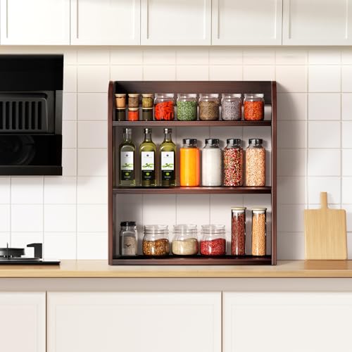 ROMGUAR CRAFT 3 Tier Bamboo Spice Rack, Countertop or Wall Mounting Wood Spice Jars Organizer Shelf for Kitche, Pantry (Brown) - color: Brown, size: 3 Tier