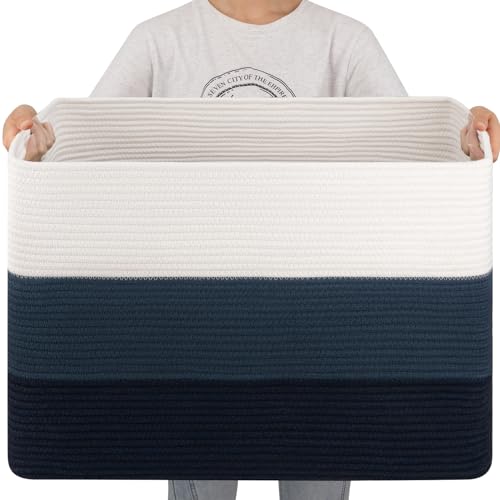 OIAHOMY 108L Super Large Blanket Basket, 25”x16”x16” Rectangle Woven Baskets for Storage, Cotton Rope Basket For Living Room, Toy Storage with Handle - Gradient Blue - color: Gradient Blue