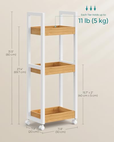 SONGMICS Bamboo Rolling Cart, 3-Tier Utility Cart on Wheels, Slim Narrow Storage Shelf, Bamboo Shelves, Space-Saving, Multifunctional, for Bathroom, Kitchen, White and Natural UBCB083N02 - color: White + Natural, size: 3 Tiers (7.9"D x 11.8"W), style: Wit