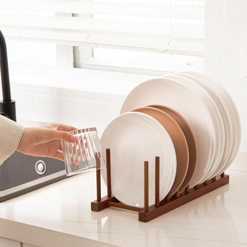 HBlife 2pcs Teak Dish Drying Rack Plates Holder Stand Kitchen Storage Cabinet Organizer for Dish/Plate/Bowl/Cup/Pot Lid/Cutting Board (8 Slots) - color: Teak 8 Slots 2pcs