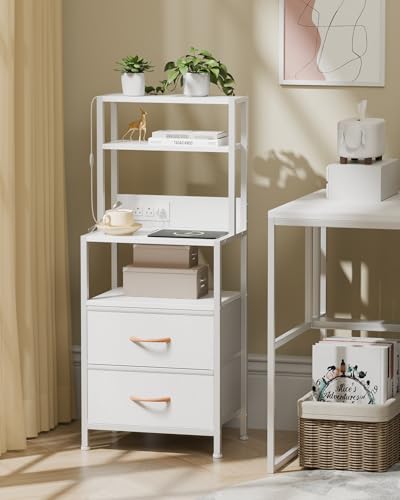 Furnulem Night Stand, Tall White Nightstand with 4-Tier Shelves, 2 PU Fabric Drawers and Led Lights, Bed Side Tables with Charging Station, Bedside Table for Bedroom - color: White, size: 2 Drawer