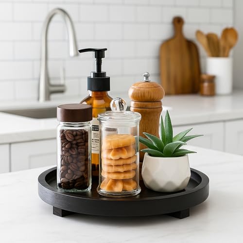 Large Decorative Wooden Tray for Kitchen Counter Bathroom Sink Vanity Trays Round Wood Riser Candle Pedestal Stand for Perfume Soap Tray Round Dining Coffee Table Modern Farmhouse Decor Tray - color: Black, size: 12 Inch