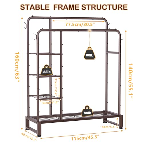 Double Rods Clothes Rack Clothing Rack with 4 Tier Storage Shelves Clothes Rack for Hanging Clothes Multifunctional Heavy Duty Clothes Organizer with Hooks for Bedroom,Wardrobe Closet,Shop,Brown - color: Brown