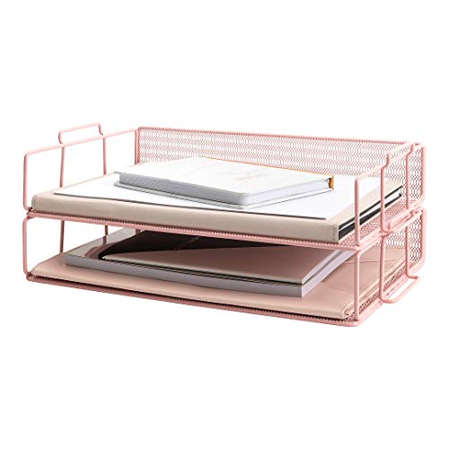 BLU MONACO | Paper Tray Stackable Pink Mesh Set of 2 | Stackable File Trays for Desk Organization | Tiered Desk Organizer with Metal Letter Trays and Workspace Organizer - color: Pink