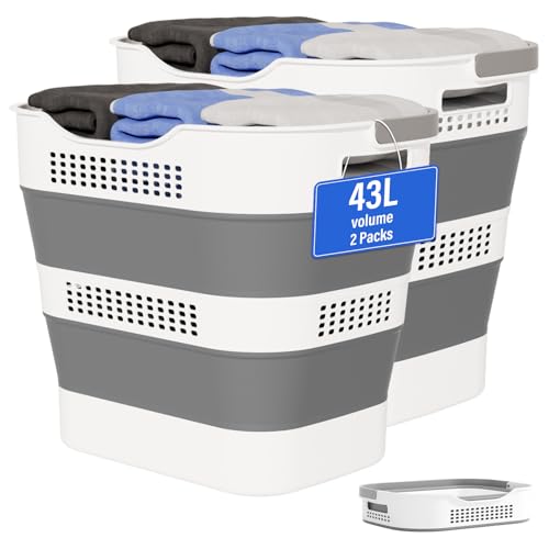 OOAMBB 43L+43L Collapsible Laundry Baskets plastic, Pop Up Laundry hamper/Storage Container, Foldable Laundry Basket with Handles, Durable,Space Saver (Grey, 2 Packs)