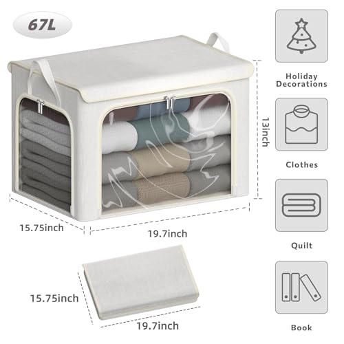 4 Pack Clothes Storage Bins with Metal Frame - 66L Stackable Storage Box with Lid，Foldable Storage Container Organizer for Clothes，Linen Fabric Storage Box with Clear Window＆Zippers＆Handles - color: Light Grey, size: 67L