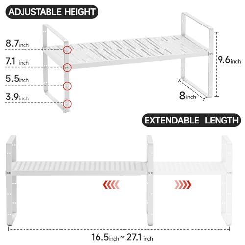 Expandable Cabinet Shelf Organizers, Stackable Metal Shelves Extender for Kitchen Countertop Storage, Adjustable Spices Shelves Rack Stand for Cupboard Pantry, White - size: 1Pack-Special-8''Wx(16.5-27'')Lx9.6''H-White