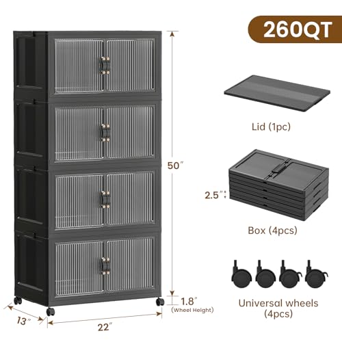 SAILUN 260Qt Stackable Storage Bins Folding Collapsible Storage Bins with Lid, Closet Organizers and Storage Box with Door Black 22" W x 13" D x 50" H - color: Black, size: 1 Lid 4 Pack-22" W x 13" D x 50" H