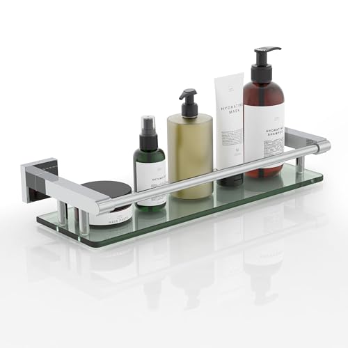 Glass Shelves for Wall, Chrome Stainless Steel & Tempered Glass Glass Shelf for Bathroom, Shelf Sink Over Toilet Bathroom Organizer (16-inch, Polished) - color: Chrome Polished, size: 16'' with Railing