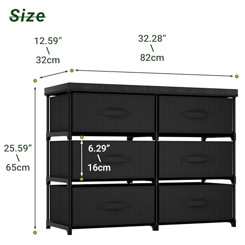 PPN Dresser with 6 Fabric Drawer Stand Desktop Sturdy Metal Plastic Support Tube Cube Storage Cabinet for Living Room, Bedroom Organization Dorm Front Hall Entryway Black