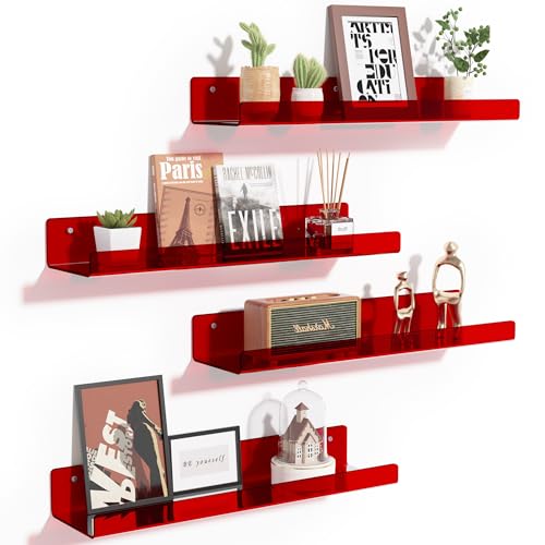 upsimples Acrylic Shelves for Wall Decor, 15" Display Shelf Perfume Organizer for Bathroom, Bedroom, Living Room, Floating Bookshelves for Kids, Clear Red, 4 Pack - color: Red