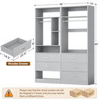 Besiost 4FT Closet Systems with 5 Wood Drawers, 48 Inch Closet Organizer System with 2 Hanging Rods & 7 Shelves, Heavy Duty 48" Walk-in Closet, Grey (48"L x 15" W x 80" H) - color: Grey