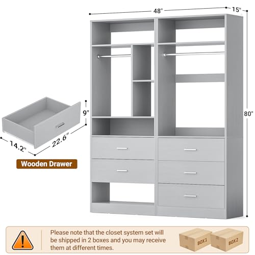 Besiost 4FT Closet Systems with 5 Wood Drawers, 48 Inch Closet Organizer System with 2 Hanging Rods & 7 Shelves, Heavy Duty 48" Walk-in Closet, Grey (48"L x 15" W x 80" H) - color: Grey