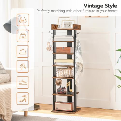 HOOBRO Vertical Shoe Rack for Front Door Entryway, 7 Tier Wooden Shoe Storage Organizer with Hooks, Narrow Shoe Tower for 7 Pairs, Space Saving, for Corner, Closet, Bedroom, Rustic Brown BF61XJ01 - color: Rustic Brown