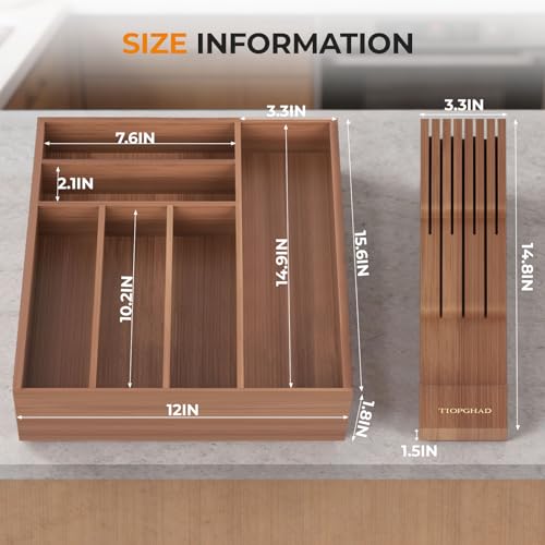 TIOPGHAD Small-Bamboo-Silverware-Drawer-Organizer, Expandable Utensil Kitchen Cutlery Tray Flatware Organization Wood Tableware Dividers Storage (with Removable Knife Block)(Brown) - color: Brown, size: Medium