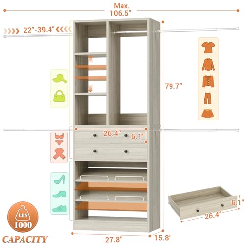 Besiost Closet System, 4.2–8.8 FT Closet Organizer with 2 Wooden Drawers and Shelves, Walk-in Closet System with 5 Hang Rods, Built-in Reach in Closet Tower, Can Fit 60 to 96 inch, Greige Oak - color: Greige Oak
